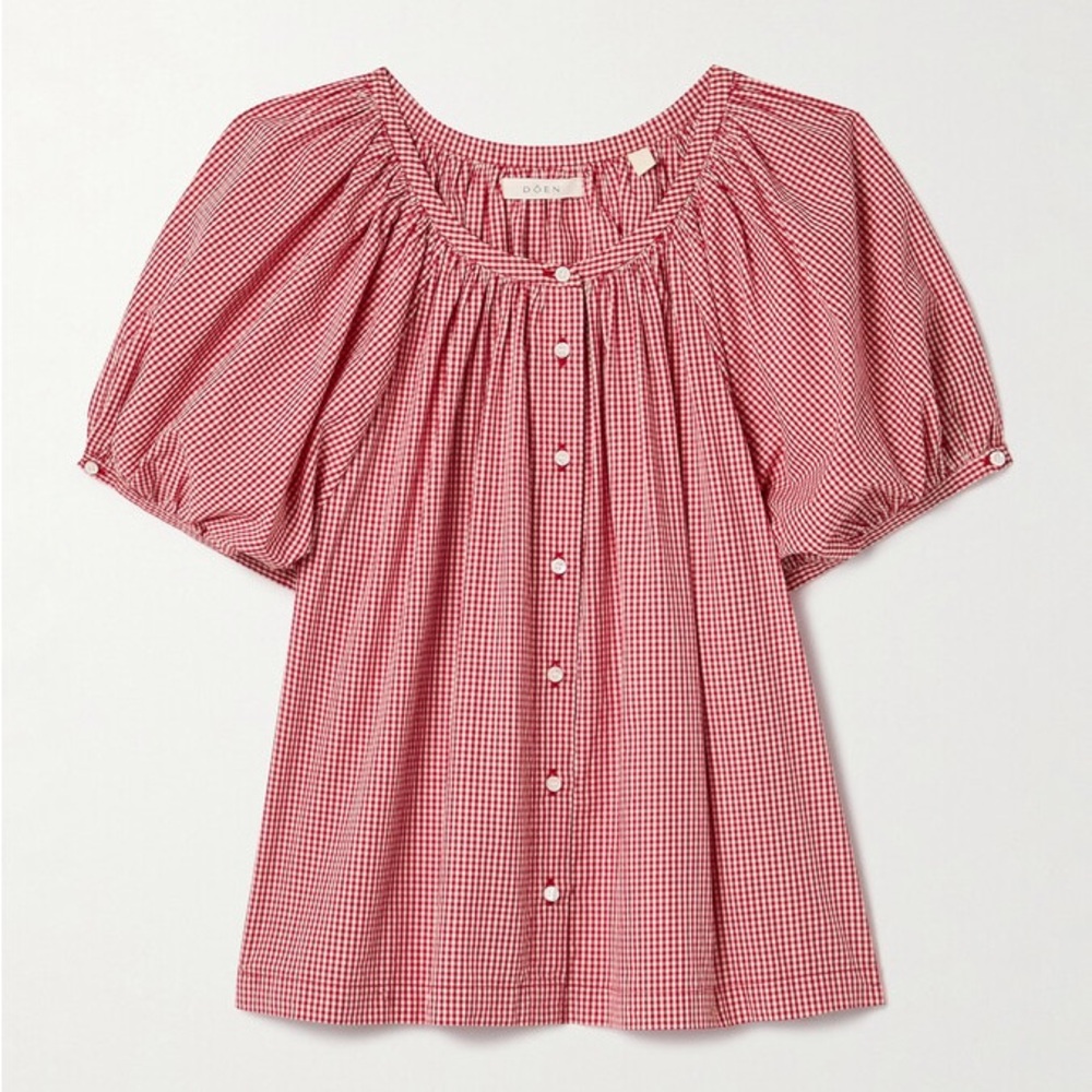 Doen Red Gingham Puff Sleeve Button-Front Blouse
